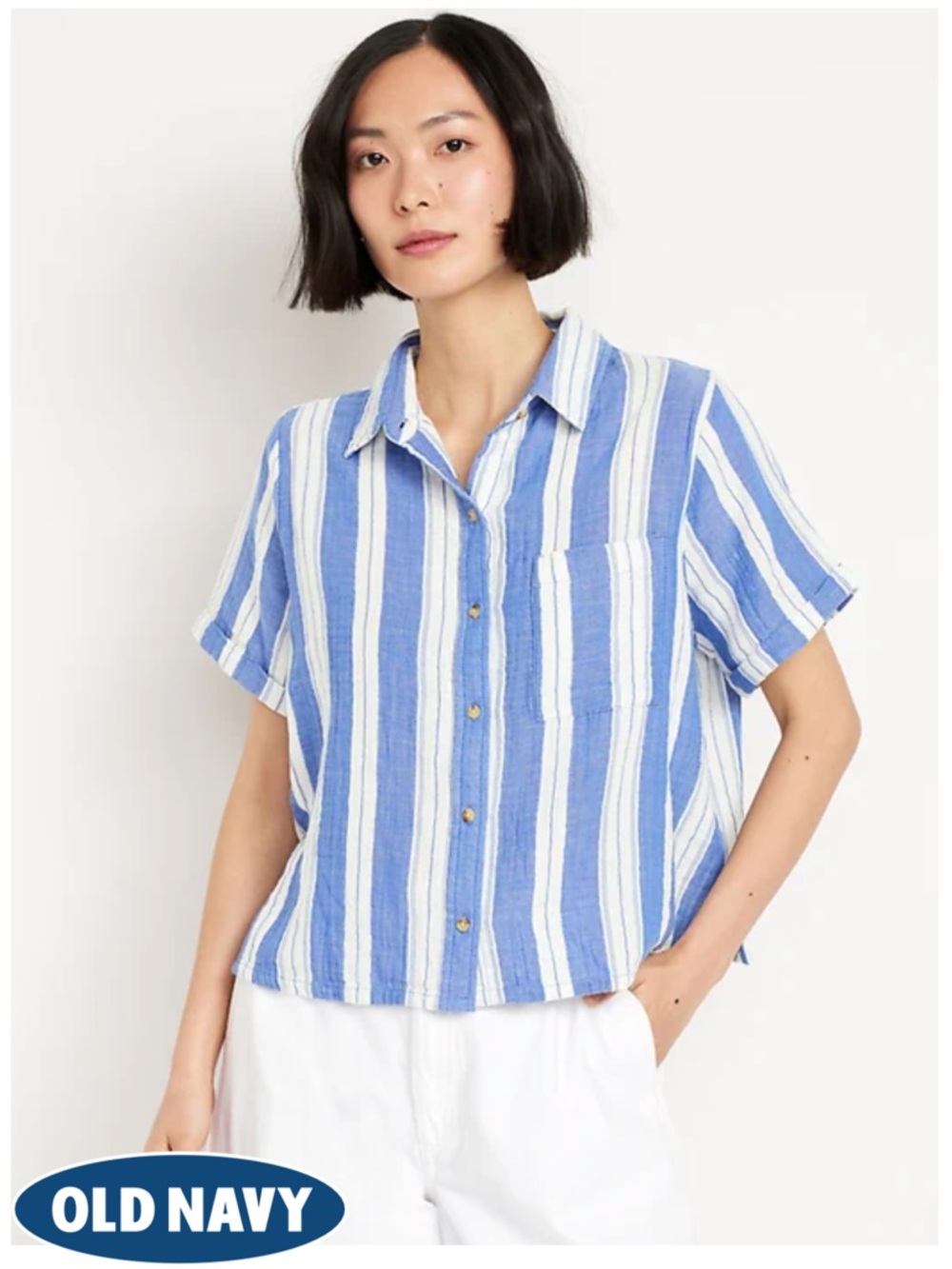 100% Cotton Crinkle Gauze Button-Down Blue & White Stripe Shirt - Women’s XS / S